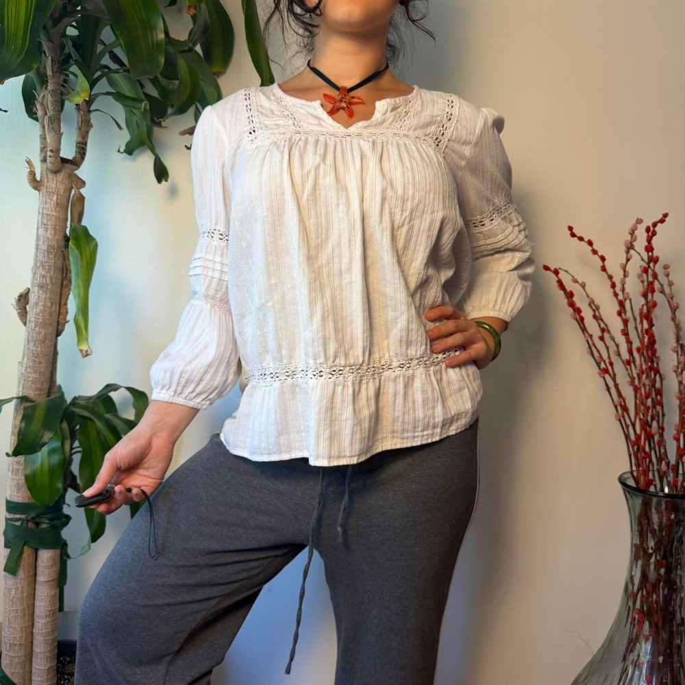 Knox Rose White Lace Boho Cottagecore Blouse 3/4 Sleeve Top Large XL